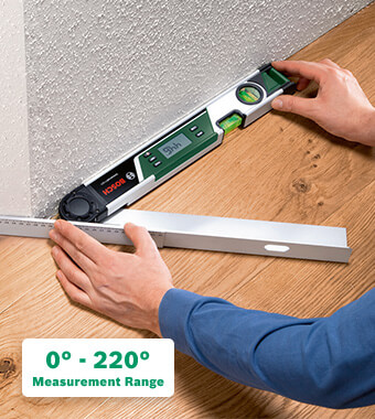 Precise angle measurements and transfers
• Measurement range 0° - 220°, arm length 40 cm.
• Practical sliding leg extension for
measuring in hard-to-reach areas. Bosch 0603676001 UniversalAngle Digital Angle Measure