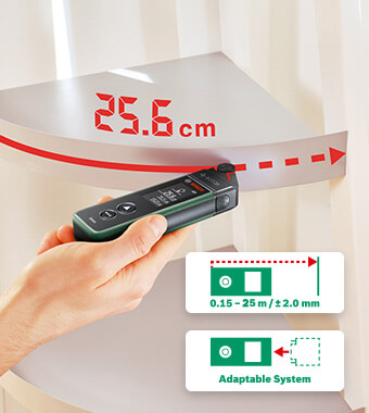 Laser measure with three useful attachments
makes measuring simply simple
• Easy and accurate distance measurement up to
25 metres and area calculation.
• More measuring functionality withline, wheel,
and tape attachments. Bosch 0603672901 Zamo Set Digital Laser Distance Measure Area Calculator attachment