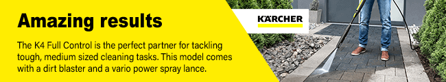 Amazing results
The K 4 Full Control is the perfect
partner for tackling tough, medium
sized cleaning tasks. This model
comes with a dirt blaster and a
vario power spray lance. Karcher K4 Full Control Pressure Washer