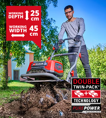 Cutting Width (blade): 255mm
Cutting Width (line): 430mm Einhell Professional GP-CR 36/45 Li E BL 36v Double Twin-Pack Cordless Brushless Tiller 450mm