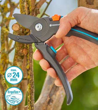 Powerful cutting experience for
dry woody twigs and branches. Gardena 12250-20 PremiumCut Pro Dry Wood Anvil Secateurs 24mm ErgoTec ergonomic handle