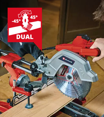 Dual bevel: head can be tilted
up to 45° in either direction. Einhell TE-SM 10 L Dual Bevel Sliding Compound Mitre Saw 254mm