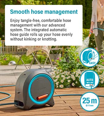 Suitable for wall mounted and portable use. Gardena 18695-28 Dual Floor Wall-mounted Enclosed Hose Box Reel 2in1 portable 25m