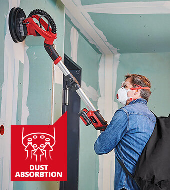 Integrated dust extraction system
for clean and flexible work. Einhell TE-DW 18-225 Li Cordless Drywall Sander dust extraction