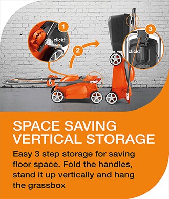 Space saving vertical storage Flymo EASI STORE 300R Rotary Lawnmower 300mm