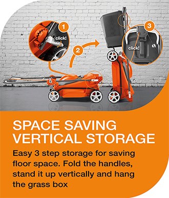 Space saving vertical storage. Flymo EASI STORE 380R Rotary Lawnmower 380mm