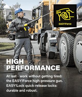 EASY!Force
High Performance
At last – work without getting tired:
the EASY!Force high-pressure gun.
EASY!Lock quick-release locks: durable and robust. Karcher HDS6104C Pressure Washer