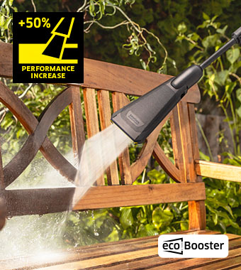 Kärcher eco!Booster Lance – 50% More Cleaning Performance Kärcher eco!Booster lance cleaning a wooden garden bench, showing 50% more cleaning performance
