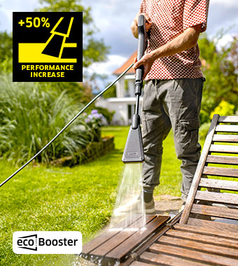 Kärcher K3 eco!Booster — 50% Performance Increase Kärcher K3 eco!Booster pressure washer cleaning decking with 50% performance increase