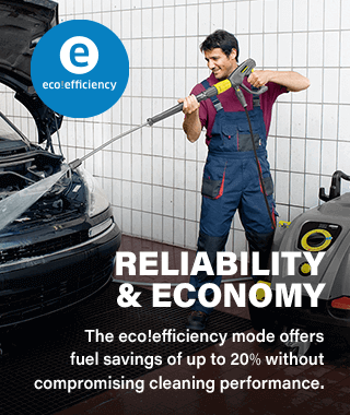 Reliability and Economy
The eco!efficiency mode offers
fuel savings of up to 20% without
compromising cleaning performance. Karcher HDS6104C Hot Water Economy Eco Efficiency