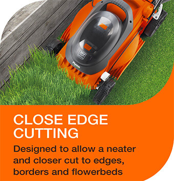 Designed to cut closer
to edges, borders and flowerbeds Flymo EasiStore 380R Compact Storage Edge Cutting