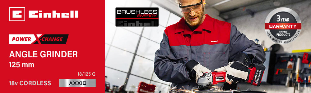 Einhell AXXIO 18/125 Q
18v Power-X-Change Cordless
Brushless Quick Release Angle Grinder 125mm Einhell AXXIO 18-125 Q 18v Cordless Brushless Angle Grinder 125mm Power-X-Change
