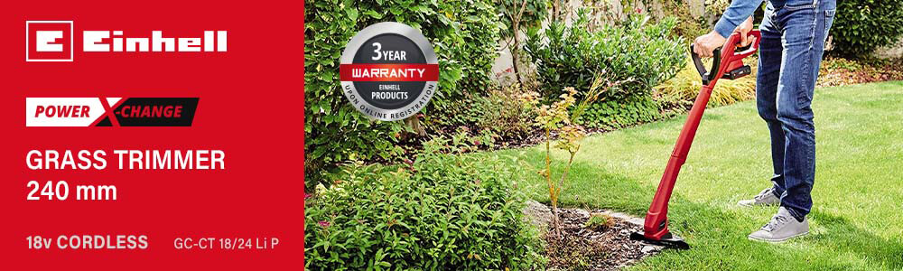Einhell GC-CT 18/24 Li P
18v Power-X-Change Cordless
Grass Trimmer 240mm Einhell GC-CT 18-24 Li P 18v Cordless Grass Trimmer 240mm Power-X-Change