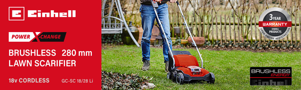 Einhell GC-SC 18/28 Li
18v Power-X-Change Cordless
Brushless Lawn Scarifier 280mm Einhell GC-SC 18-28 Li 18v Cordless Brushless Lawn Scarifier 280mm Power-X-Change