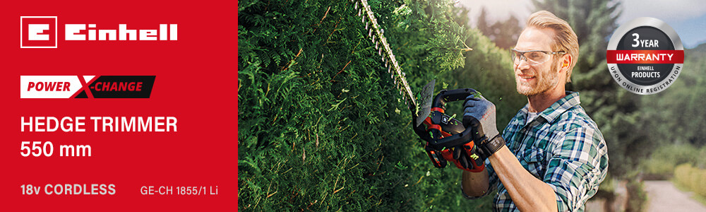 Einhell GE-CH 1855/1 Li
18v Power-X-Change Cordless Hedge Trimmer 550mm Einhell GE-CH 1855-1 Li 18v Cordless Hedge Trimmer 550mm Power-X-Change