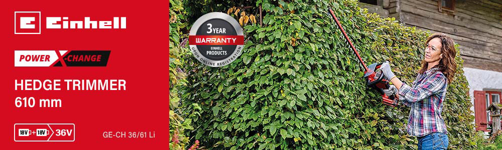 Einhell GE-CH 36/61 Li
36v Power-X-Change Cordless
Hedge Trimmer 610mm Einhell GE-CH 36-61 Li 36v Cordless Hedge Trimmer 610mm Power-X-Change