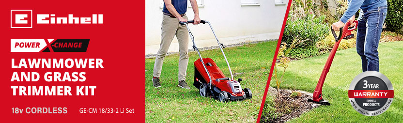 Einhell GE-CM 18/33-2 Li Set
18v Power-X-Change Cordless Rotary
Lawnmower and Grass Trimmer Kit Einhell GE-CM 18/33-2 Li Set 18v Power-X-Change Cordless Rotary Lawnmower and Grass Trimmer Kit