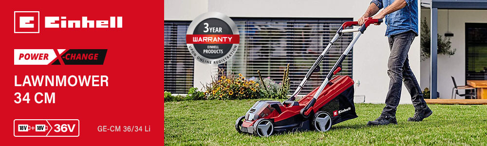 Einhell GE-CM 36/34 Li
36v Cordless Power-X-Change
Rotary Lawnmower 340mm
(Uses 2 x 18v) Einhell GE-CM 36-34 Li 36v Cordless Rotary Lawnmower 340mm Power-X-Change