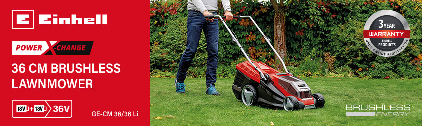 Einhell GE-CM 36/36 Li
36v Power X-Change Cordless
Rotary Brushless Lawnmower 360mm Einhell GE-CM-36-36-Li 36v Power-X-Change Cordless Rotary Brushless Lawnmower 360mm