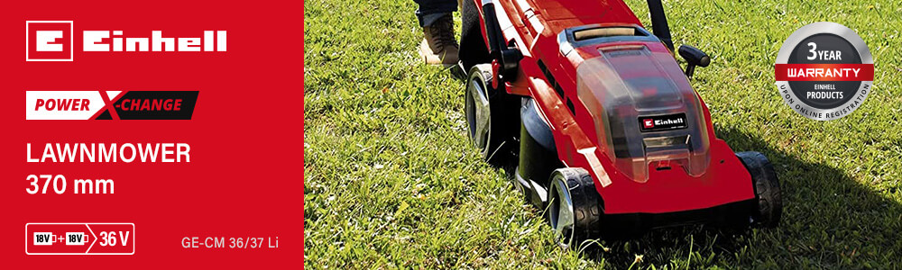 Einhell GE-CM 36/37 Li
36v Power-X-Change Cordless Lawnmower 370mm (Uses 2 x 18v) Einhell GE-CM 36-37 Li 36v Cordless Lawnmower 370mm Power-X-Change