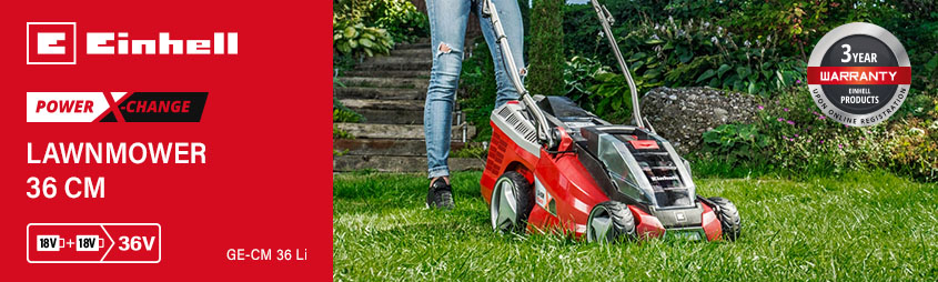Einhell GE-CM 36 Li
36v Power-X-Change Cordless
Rotary Lawnmower 360mm Einhell Power-X-Change GE-CM-36-Li 18v Cordless Rotary Lawnmower 360mm