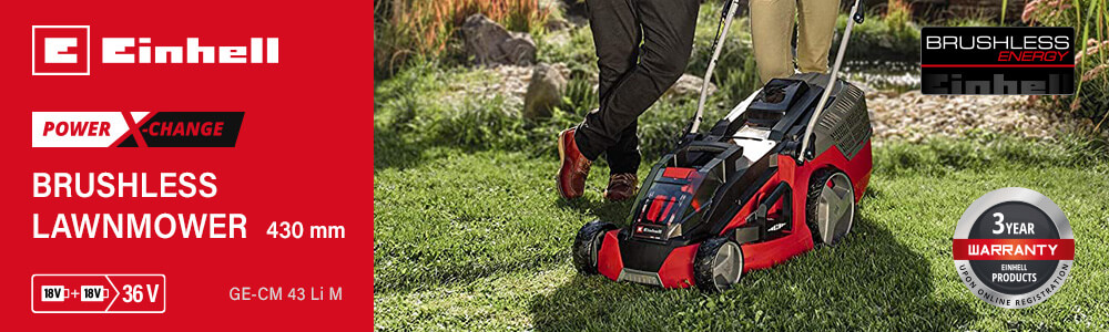 Einhell GE-CM 43 Li M
36v Power-X-Change Cordless
Brushless Lawnmower 430mm (Uses 2 x 18v) Einhell GE-CM 43 Li M 36v Cordless Brushless Lawnmower 430mm Power-X-Change