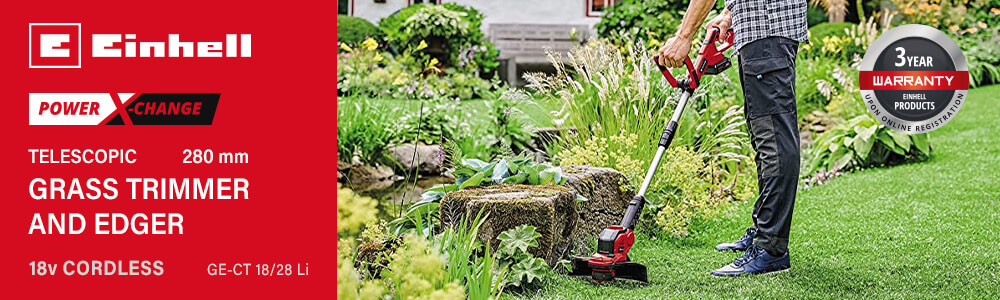 Einhell GE-CT 18/28 Li
18v Power-X-Change Cordless Telescopic
Grass Trimmer and Edger 280mm Einhell GE-CT 18-28 Li 18v Cordless Telescopic Grass Trimmer Edger 280mm Power-X-Change