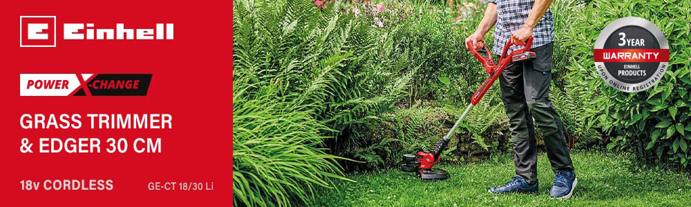 Einhell GE-CT 18/30 Li
18v Power-X-Change Cordless
Telescopic Grass Trimmer and Edger 300mm Einhell GE-CT 18-30 Li 18v Cordless Telescopic Grass Trimmer Edger 300mm Power-X-Change