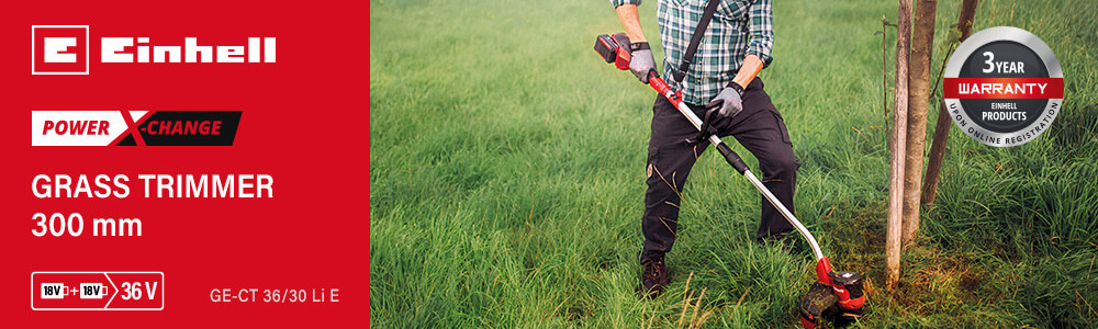 Einhell GE-CT 36/30 Li E
36v Power-X-Change Cordless Grass Trimmer 300mm (Uses 2 x 18v) Einhell GE-CT 36-30 Li E 36v Cordless Grass Trimmer 300mm Power-X-Change