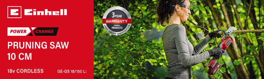 Einhell GE-GS 18/150 Li
18v Power X-Change Cordless
Pruning Saw 100mm Einhell GE-GS-18-150-Li 18v Power-X-Change Cordless Pruning Saw 100mm