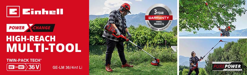 Einhell GE-LM 36/4in1 Li 36V Cordless High-Reach Multi-Tool – Twin-Pack Tech, PurePower Brushless, 3 Year Warranty Einhell GE-LM 36/4in1 Li 36V cordless high-reach multi-tool – Twin-Pack Tech 2x18V, PurePower brushless motor, 3 year warranty, grass / hedge trimming and tree pruning