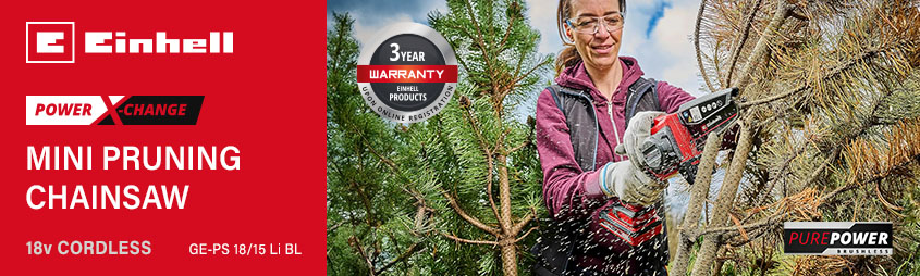 Einhell GE-PS 18/15 Li BL
18v Power X-Change Cordless
Mini Pruning Chainsaw 130mm Einhell GE-PS-18-15-Li-BL 18v Power-X-Change Cordless Mini Pruning Chainsaw 130mm