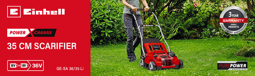 Einhell GE-SA 36/35 Li
36v Power X-Change Cordless
Brushless Scarifier / Aerator Einhell GE-SA-36-35-Li 36v Power-X-Change Cordless Scarifier Aerator