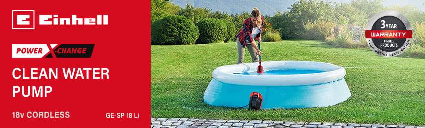 Einhell GE-SP 18 Li
18v Power X-Change Cordless
Clean Water Pump 5000 l/h Einhell GE-SP-18-Li 18v Power-X-Change Cordless Clean Water Pump 5000 l/h