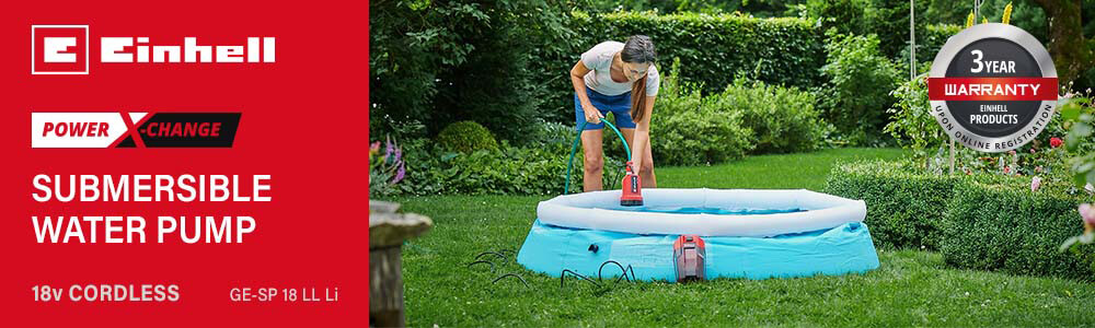 Einhell GE-SP 18 LL Li
18v Power-X-Change Cordless
Submersible Clean Water Pump
4500 l/h Einhell GESP18LLLi 18v Cordless Submersible Clean Water Pump Power-X-Change