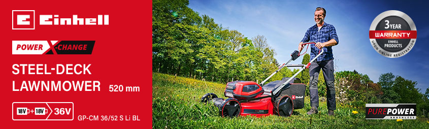 Einhell GP-CM 36/52 S Li BL
36v Power X-Change Cordless Brushless
Steel-Deck Rotary Lawnmower 520mm Einhell Power-X-Change GP-CM 36-52 S Li BL 36v Cordless Steel Deck Rotary Lawnmower 520mm