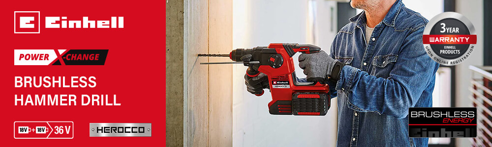 Einhell HEROCCO 36/28
36v Power-X-Change Cordless Brushless
SDS Plus Rotary Hammer Drill (Uses 2 x 18v) Einhell HEROCCO 36-28 36v Cordless Brushless SDS Plus Rotary Hammer Drill Power-X-Change