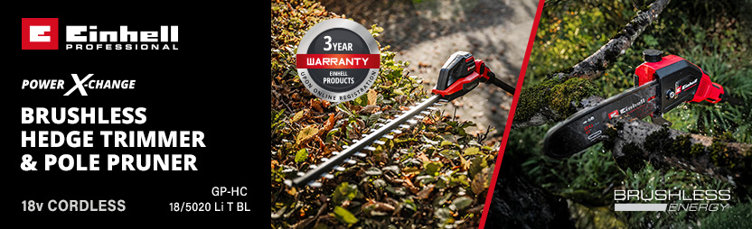 Einhell Professional GP-HC 18/5020 Li T BL
18v Power-X-Change Cordless Brushless
Hedge Trimmer and Pole Pruner Einhell Professional GP-HC 18/5020 Li T BL 18v Power-X-Change Cordless Brushless Hedge Trimmer and Pole Pruner
