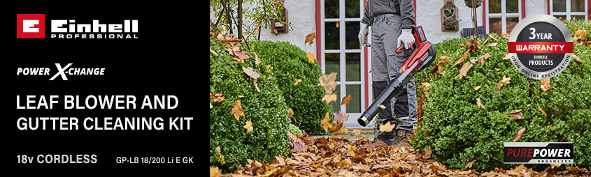 Einhell Professional GP-LB 18/200 Li E GK
18 Power-X-Change Cordless Brushless
Leaf Blower and Gutter Cleaning Kit Einhell Professional Power-X-Change GP-LB-18-200-Li-E-GK 18v Cordless Brushless Leaf Blower Gutter Cleaning Kit