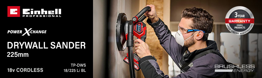 Einhell Professional TP-DWS 18/225 Li BL Set
18v Power-X-Change Cordless Brushless
Drywall Sander 225mm Einhell Professional Power-X-Change TP-DWS 18/225 Li BL 18v Cordless Brushless Drywall Sander