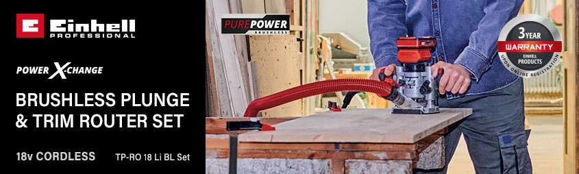 Einhell Professional TP-RO 18 Li BL Set
18v Power-X-Change Cordless Brushless
Plunge and Trim Router Set Einhell Professional Power-X-Change TP-RO-18-Li-BL 18v Cordless Brushless Plunge Trim Router Set