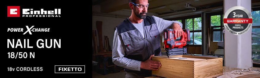 Einhell Professional FIXETTO 18/50 N
18v Power-X-Change Cordless Nail Gun Einhell Professional FIXETTO 18-50-N 18v Cordless Power-X-Change Nail Gun
