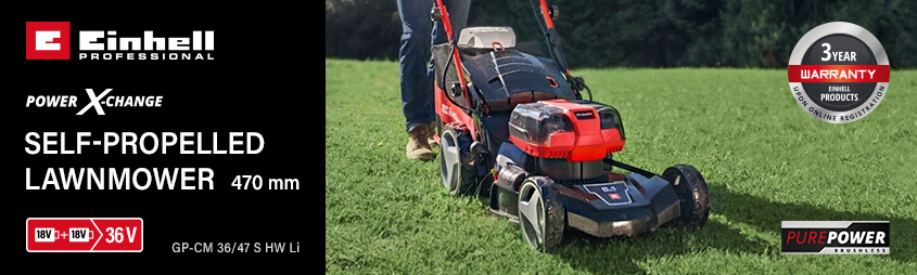 Einhell GE-CM 36/47 S HW Li
36v Power-X-Change Cordless Brushless
Self-Propelled Lawnmower 470mm (Uses 2 or 4 x 18v) Einhell GE-CM 36-47 S HW Li 36v Cordless Brushless Self Propelled Lawnmower 470mm Power-X-Change