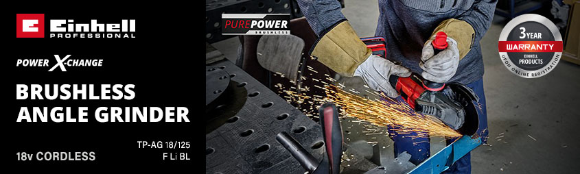 Einhell Professional TP-AG 18/125 F Li BL
18v Power X-Change Cordless
Brushless Angle Grinder 125mm Einhell Professional TP-AG 18/125 F Li BL 18v Power-X-Change Cordless Brushless Angle Grinder 125mm
