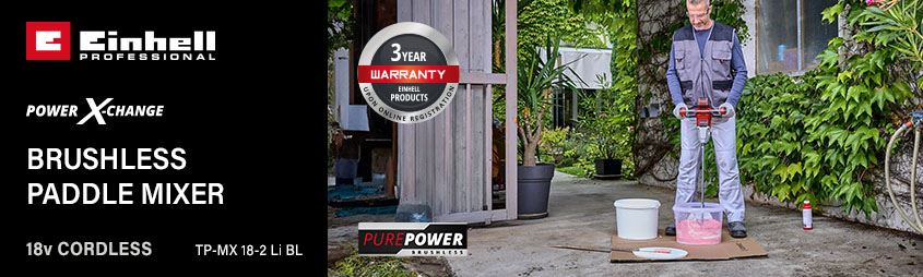 Einhell Professional TP-ET 18 Li BL
18v Power X-Change Cordless
Brushless Paddle Mixer Einhell Professional TP-MX-18-2-Li-BL 18v Power-X-Change Cordless Brushless Paddle Mixer