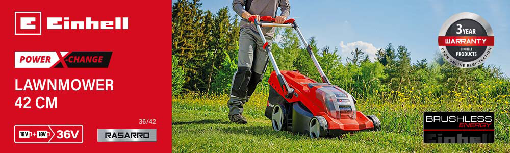 Einhell RASARRO 36/42
36v Power-X-Change Cordless
Brushless Lawnmower 420mm
(Uses 2 x 18v) Einhell RASARRO 36-42 36v Cordless Brushless Rotary Lawnmower 420mm Power-X-Change