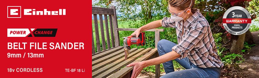 Einhell TE-BF 18 Li
18v Power X-Change Cordless
Belt File Sander 9mm / 13mm Einhell TE-BF-18-Li 18v Power-X-Change Cordless bandfile Belt File Sander