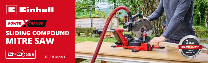 Einhell TE-SM 36/10 L Li
36v Power-X-Change Cordless
Sliding Compound Mitre Saw 254mm Einhell TE-SM 36/10 L Li 36v Power-X-Change Cordless Sliding Compound Mitre Saw 254mm