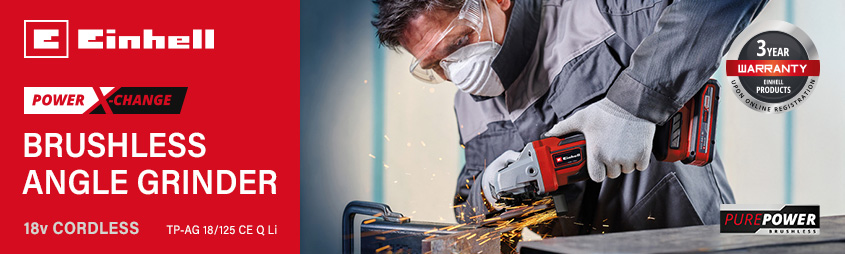 Einhell TP-AG 18/125 CE Q Li
18v Cordless Brushless
Quick-Fix Angle Grinder 125mm Einhell TP-AG-18-125-CE-Q-Li 18v Power-X-Change Cordless Brushless Quick-Fix Angle Grinder