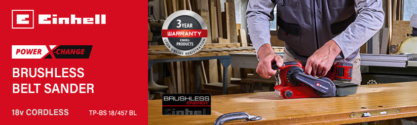 Einhell TP-BS 18/457 BL
18v Power X-Change Cordless
Brushless Belt Sander 75mm Einhell TP-BS-18-457-BL 18v Power-X-Change Cordless Brushless Belt Sander 75mm